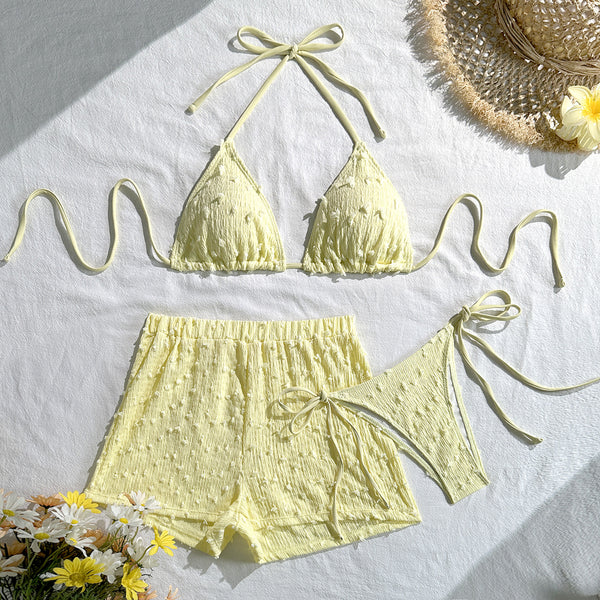Yellow Solid Halter Bikini Set With Beach Shorts