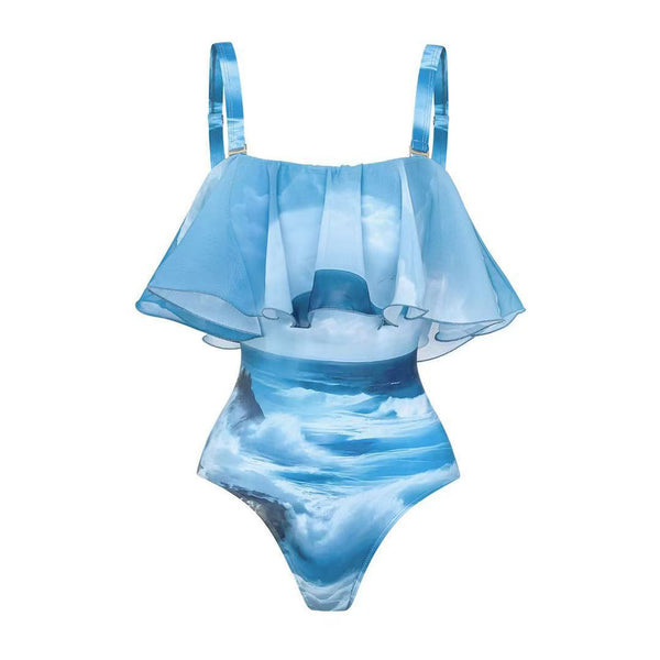 Nature Print Shoulder Strap One Piece Siwmsuit with Cover up Blue