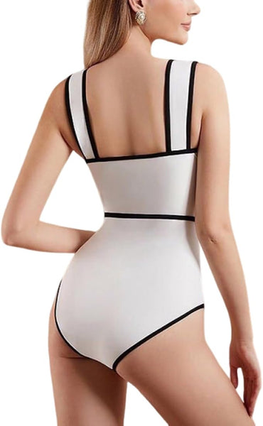 White Polka Dots One Piece Swimsuit With Beach Skirt