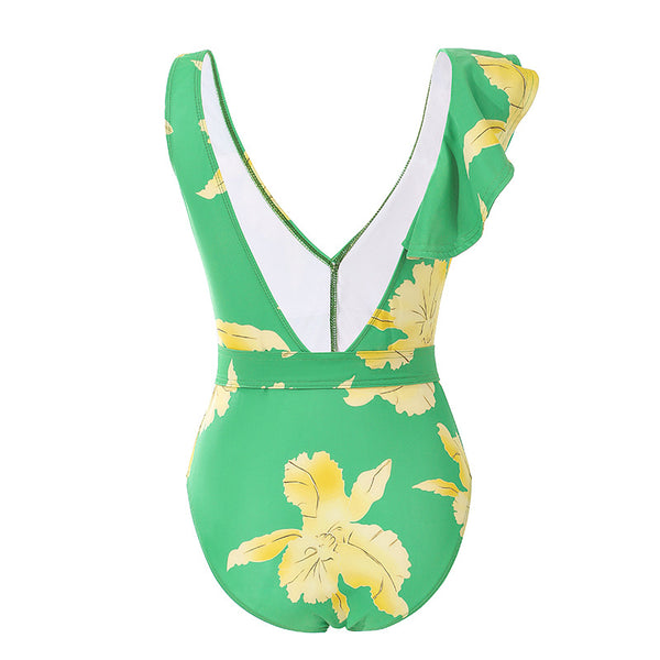 Tied Printed V-Neck Sleeveless One-Piece With Printed Swimsuit Long Skirt Set