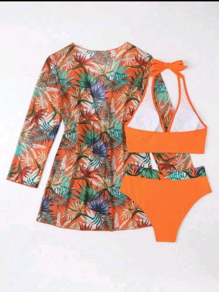 Swim Tropical Print Halter Bikini Swimsuit With Kimono Orange