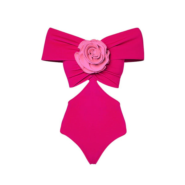 Pink Solid Off Shoulder One Piece Swimsuit With Beach Skirt