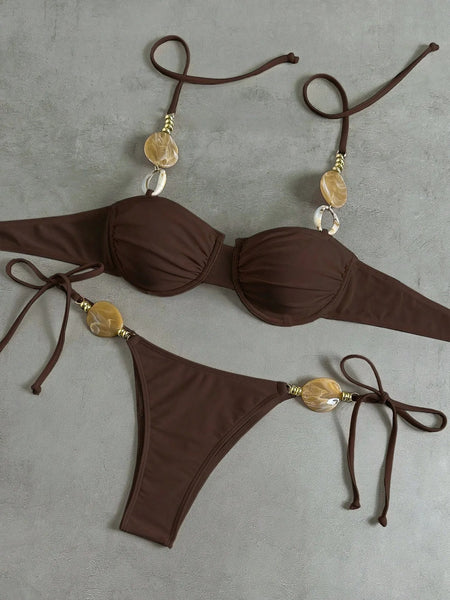 Dark Brown Solid Underwire Bikini Set
