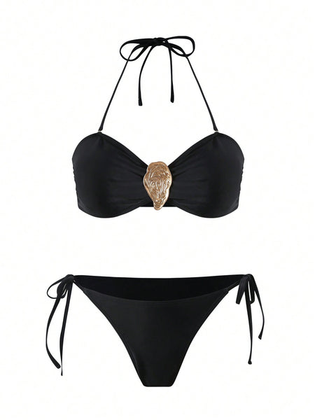Black Abstract Halter Bikini Set With Beach Skirt