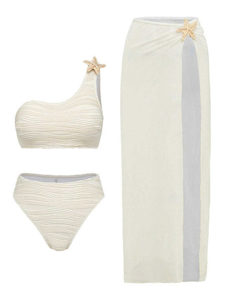 Cream Solid One Shoulder Bikini Set With Beach Skirt