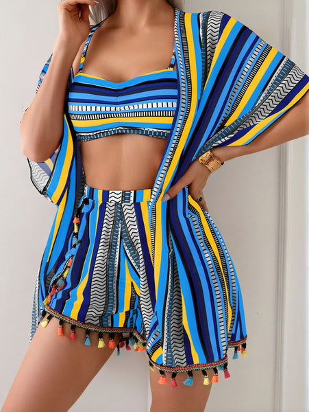 Blue Abstract Bikini Set Shirt Cover-Up Beach Shorts