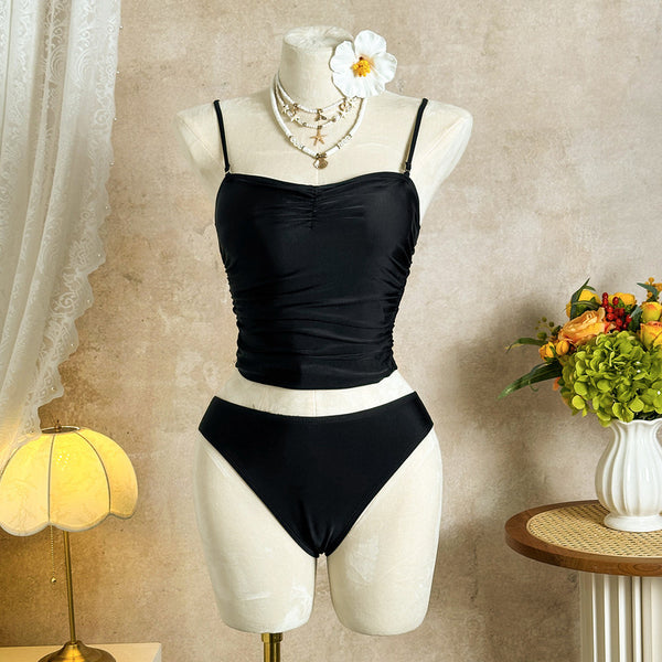 Black Solid Crop Top Bikini Set With Beach Skirt