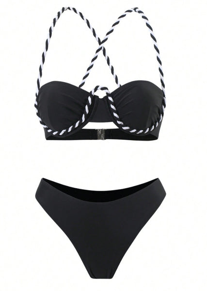 Black Solid Underwire Bikini Set With Sarong