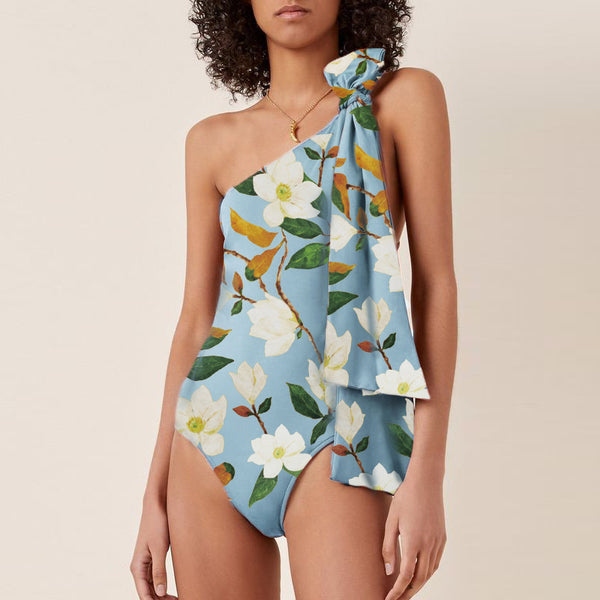 Sky Blue Floral One Shoulder One Piece Swimsuit With Beach Skirt