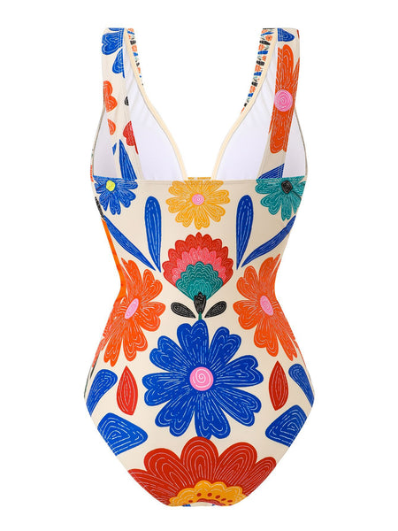 Multicolor Tropical Deep V One Piece Swimsuit With Beach Skirt & Beach Pants