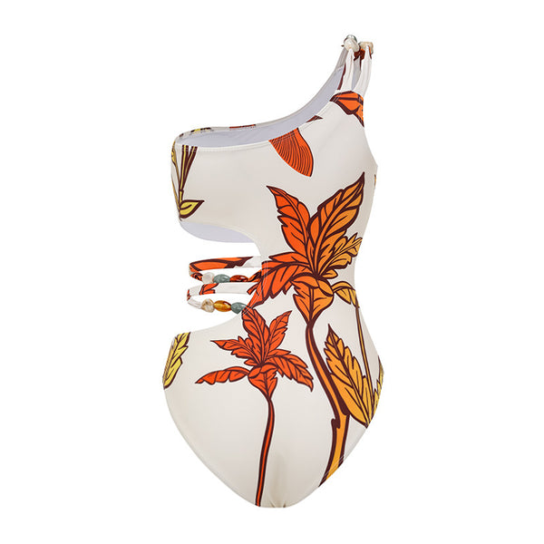 Multicolor Tropical One Shoulder One Piece Swimsuit With Sarong