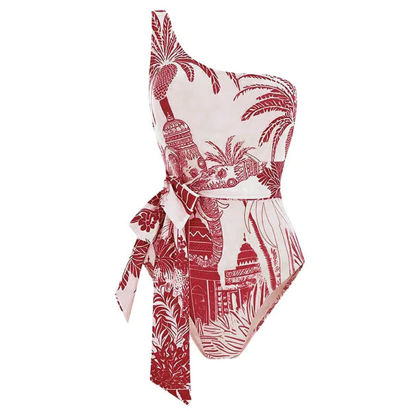 Multicolor Tropical One Shoulder One Piece Swimsuit With Sarong