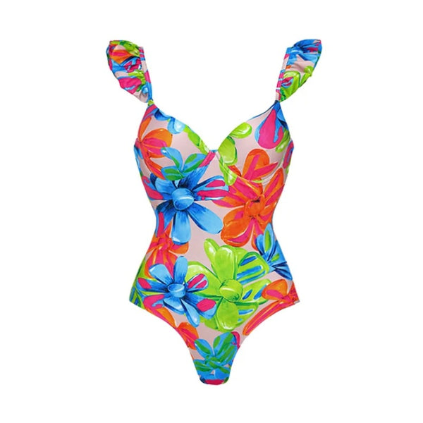 Flower Print Shoulder Straps One Piece Swimsuit With Cover Up Multicolor