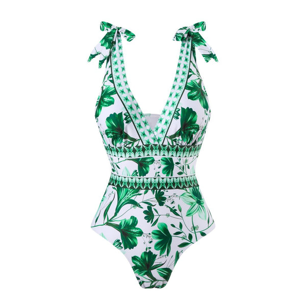 Green Floral One Piece Swimsuit With Maxi Cover Up