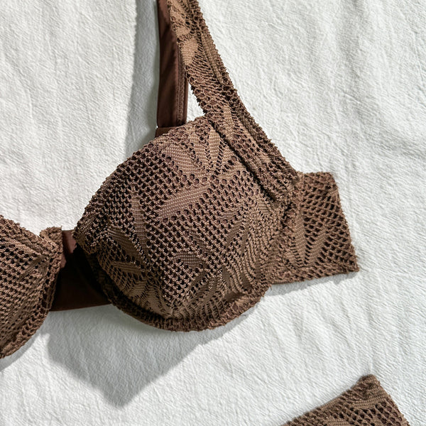 Brown Mesh Print High Cut Bikini Set With Sarong