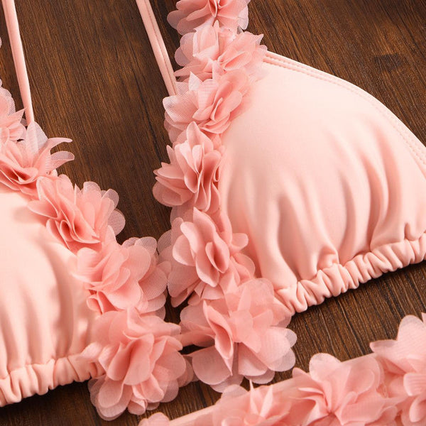 Solid Flower Décor Shoulder Straps Four Piece Bikini Swimsuit Pink