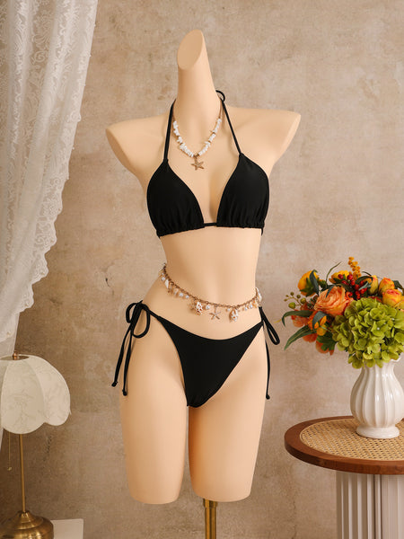 Black Tropical Halter Bikini Set With Maxi Cover Up
