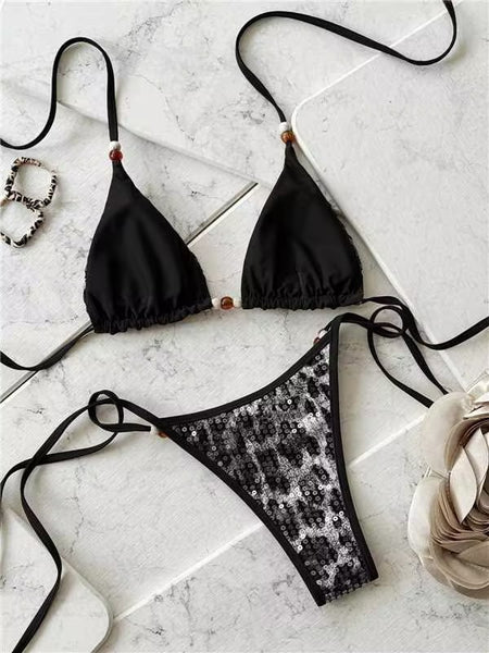Black Animal Print Halter One Piece Swimsuit