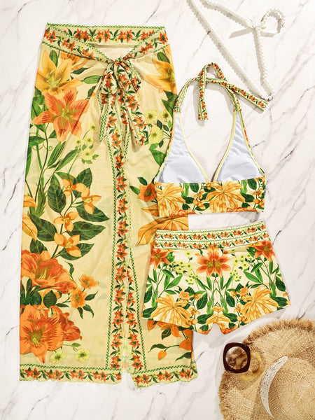Cream Tropical Boyshort Bikini Set With Sarong