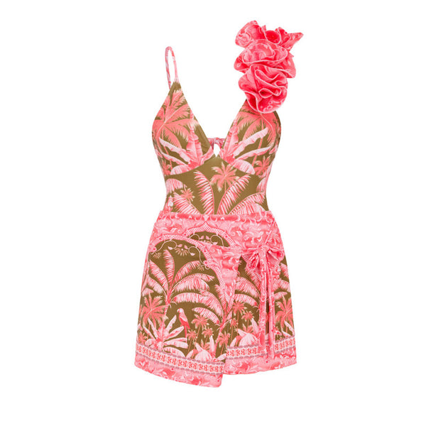 Tropical Print V-neck Flower Decor One Piece Swimsuit With Skirt Pink