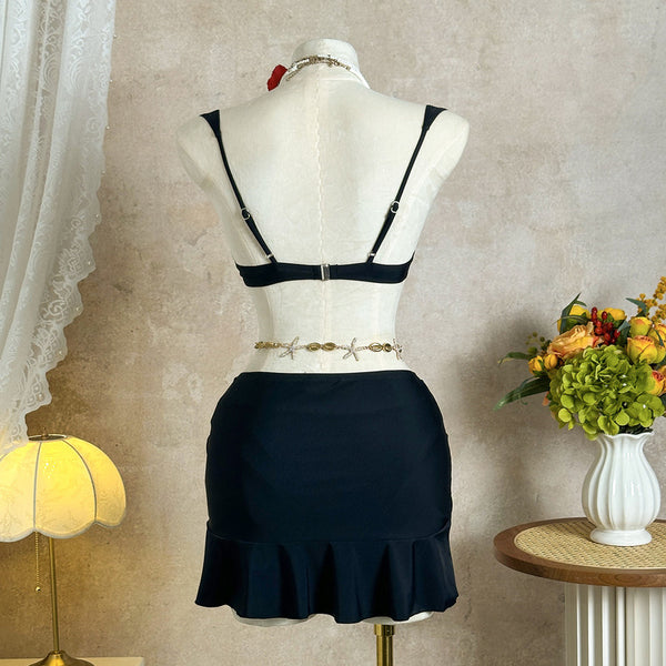 Black Solid Underwire Bikini Set With Beach Skirt
