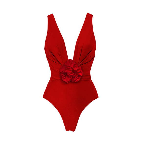 Red Solid Deep V One Piece Swimsuit With Ruffle Sarong