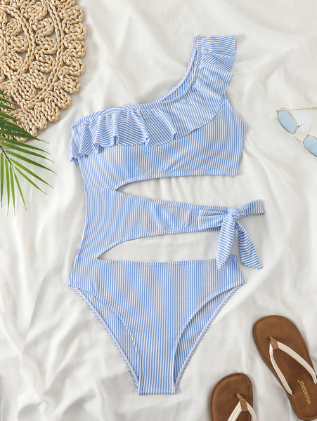 Solid One Shoulder One Piece Swimsuit Light Blue