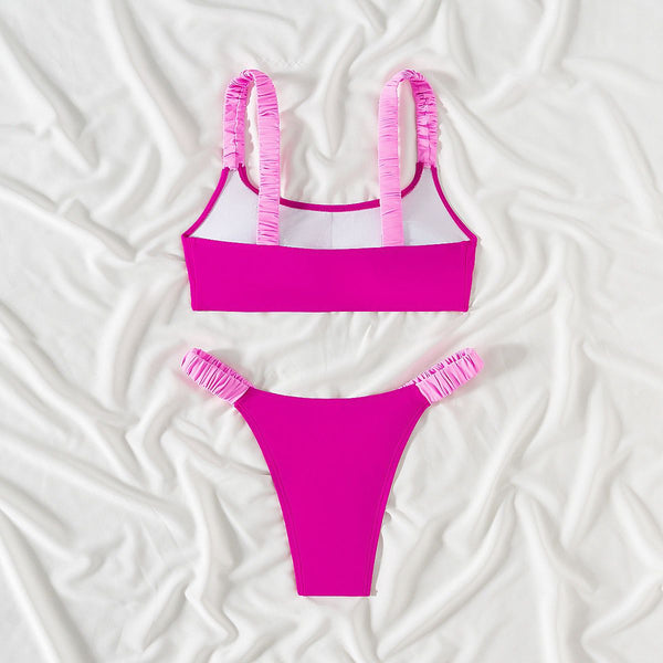 Pink Colorblock Ruched Bikini Set