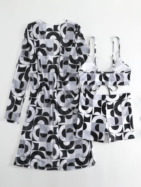 Plus 3pack Allover Print Drawstring Front Bikini Swimsuit Black