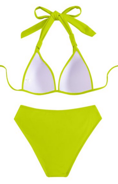 High Waist Split Triangle Hanging Neck Bikini Swimsuit Light Green