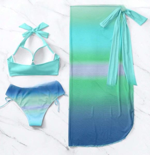 Ombre Bikini Set Halter Push Up Bra and Bikini Bottom with Beach Skirt 3 Piece Swimsuit Sky Blue