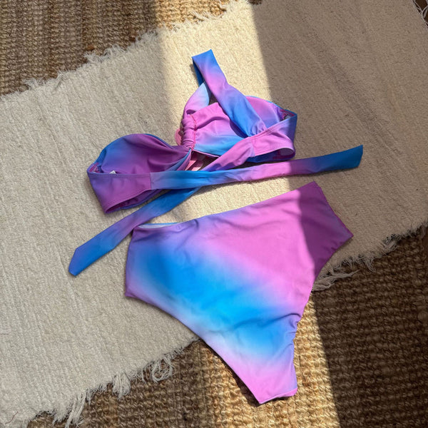 High Waist Bikini Set one-Shoulder Swimwear Blue