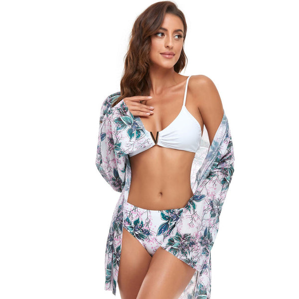 3 Piece Bikini Set Solid Color Bra Underwear Floral Triangular Swimwear White