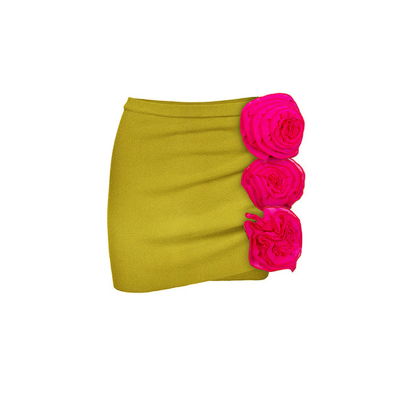 Green Solid High Cut One-Piece Swimsuit With Beach Skirt