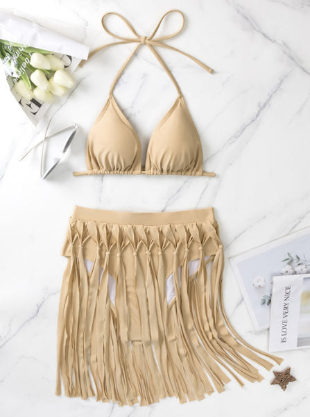 Cream Solid Halter Bikini Set