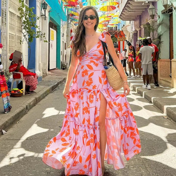 Tropical Print Shoulder Straps One Piece Swimsuit With Cover Up Pink