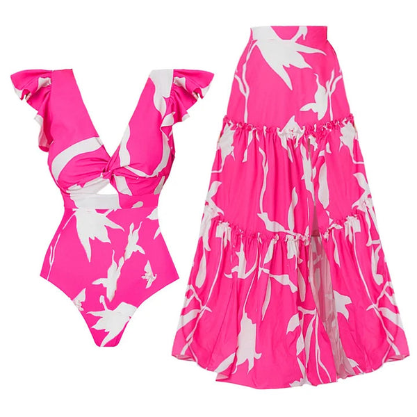 Pink Tropical Cut Out One Piece Swimsuit With Beach Skirt