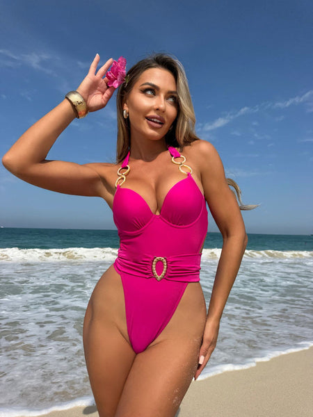 Pink Solid Halter One Piece Swimsuit