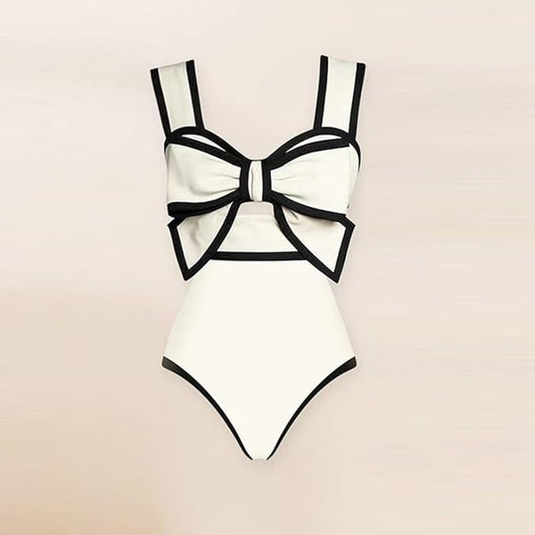 White Polka Dots One Piece Swimsuit With Beach Skirt