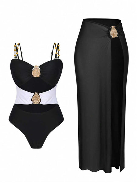 Black Colorblock One Piece Swimsuit With Sarong