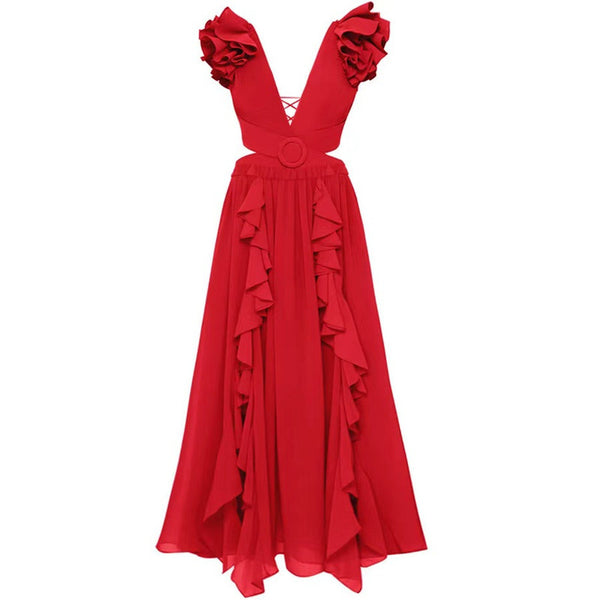 Red Solid Ruffle One Piece Swimsuit With Beach Skirt