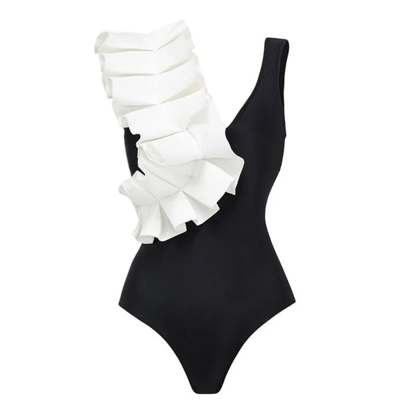 Black Polka Dots Ruffle One Piece Swimsuit With Beach Skirt