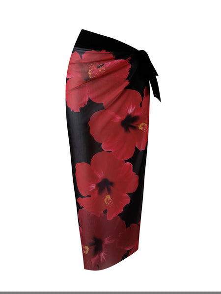 Black Floral One Shoulder One Piece Swimsuit With Sarong