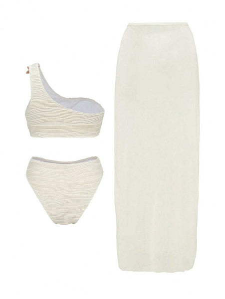 Cream Solid One Shoulder Bikini Set With Beach Skirt