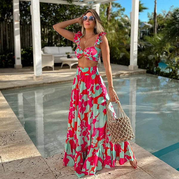 Random Print Shoulder Straps Two Pieces Bikini Swimsuit Multicolor