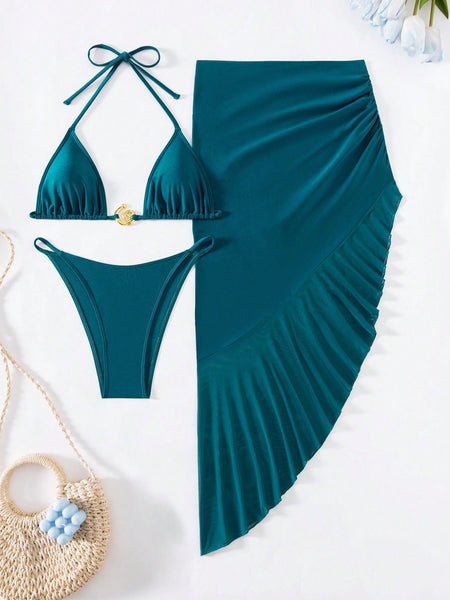 Blue Solid Triangle Bikini Set with Beach Skirt