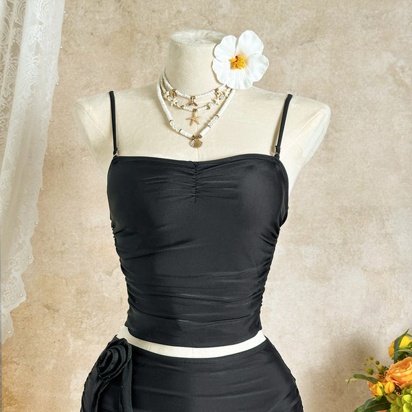 Black Solid Crop Top Bikini Set With Beach Skirt
