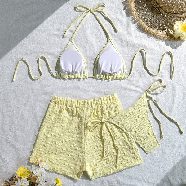 Yellow Solid Halter Bikini Set With Beach Shorts