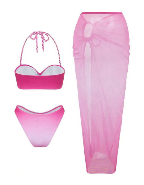 Pink Solid Halter Bikini Set With Sarong