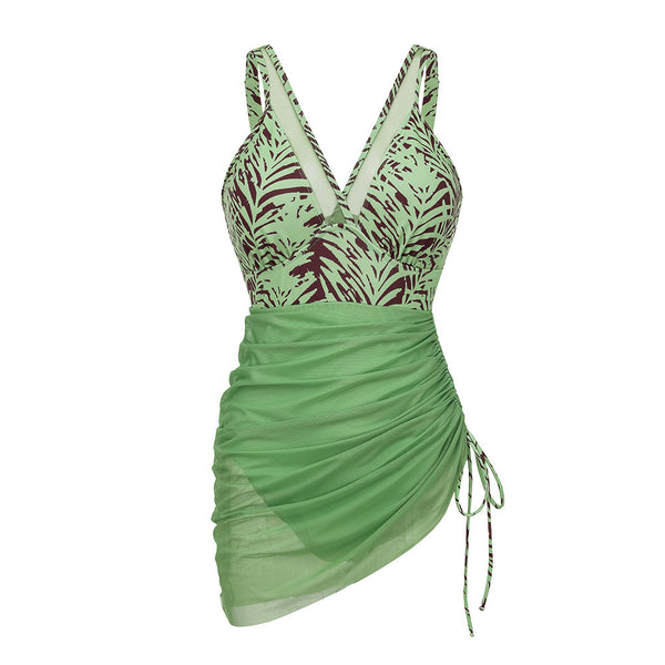 Light Green Tropical Ruched Swimsuit